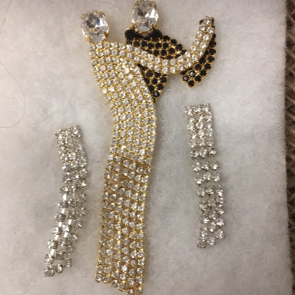 Dancing Couple Rhinestone Brooch and Earrings